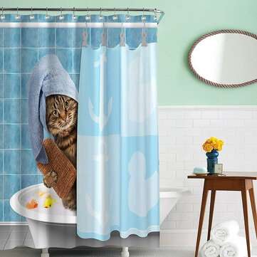 Cat Bathing Bathroom Shower Curtain Waterproof Fabric With 12 Hooks (SIZE 3: 180*180CM)