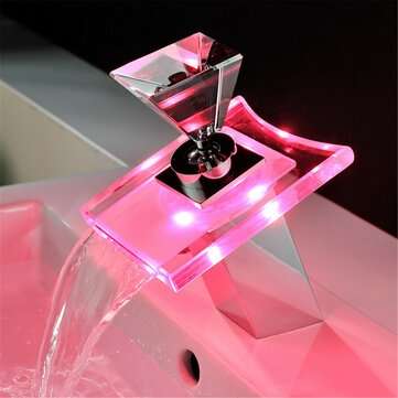 Color LED Changing Waterfall Faucet Bathroom Sink Faucet Glass Mixer Tap (PLUG: USPLUG)