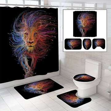 Colorful Lion Pattern Shower Curtain Bath Mat Toilet Pad Set Anti-... (TYPE: 180X180CMSHOWERCURTAIN)