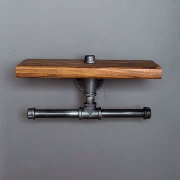 Double Toilet Paper Holder Urban Industrial Iron Pipe Wall Mount with Wood Shelf Paper Shelf Holder