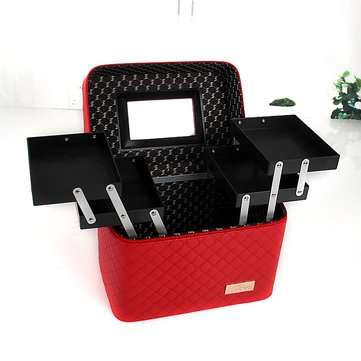 Double-Layer Makeup Cosmetic Kit Case Carry Bag Storage Box Handle Travel Organizer  (COLOR1: RED)