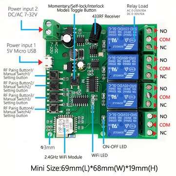EACHEN ST-DC4 WiFi 4-way Relay Module Inching Momentary/Self-Locking/Interlock ... (TYPE: WIFIRF433)
