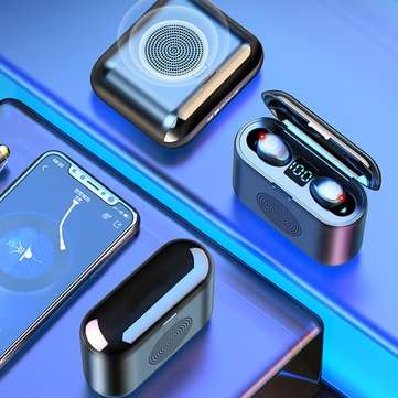 F9 2 In 1 Mini Digital Display bluetooth 5.0 Headphones IPX7 Wireless Stereo Earphone with Speaker C