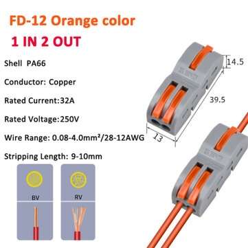 FD-12 Orange/Yellow/Blue Wire Connector 1 In 2 Out Wire Splitter Terminal Block C... (COLOR: ORANGE)