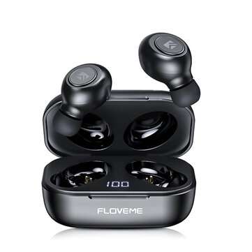 FLOVEME Mini TWS bluwtooth 5.0 Earphone HIFI Bass LED Power Display Waterprof Wire... (COLOR: BLACK)