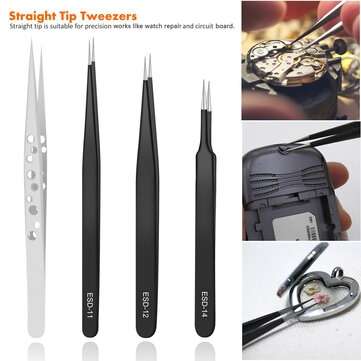 Handskit 9Pcs Tweezers Set Stainless Steel Anti-static Precision Tweezers for Electronic Mobile Phon