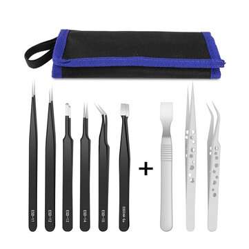 Handskit 9Pcs Tweezers Set Stainless Steel Anti-static Precision Tweezers for Electronic Mobile Phon