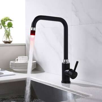 Intelligent Anti-Scald LED 3 Colors Matte Black Swivel Kitchen Faucet Tap Solid Brass Faucet Mixer T