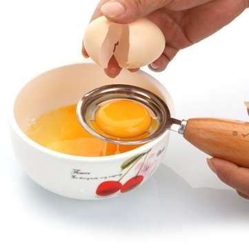 KC-ES029 Stainless Steel Egg Separator Smile Wood Handle Egg White Yolk Divider Kitchen Tools