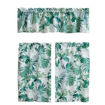 Kitchen Curtain Kit Tier Valance Set Leaf Pattern Window Home Bedroom Decor (COLOR: GREEN)