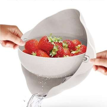Kitchen Double Drain Basket 360 Rotation Fruit Vegetable Bowl Noodles Rice Washi... (COLOR: BEIGE)