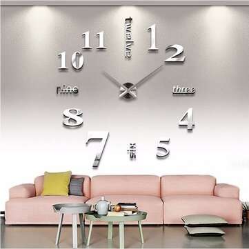 Large Mirror Wall Clock 3D Hanging Clock Bracket Clock Black Silver (COLOR.: SILVER)