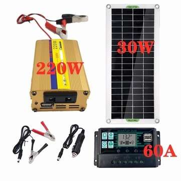 LEORY 220V Solar Power System 30W Solar Panel Battery Charger 220W Inverter USB Kit Co... (TYPE: E.)