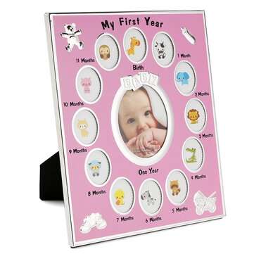 Metal Baby Smile Photo Frame Baby Kids Birthday Gift Decorations From 1 To 12 Mont... (COLOR.: PINK)