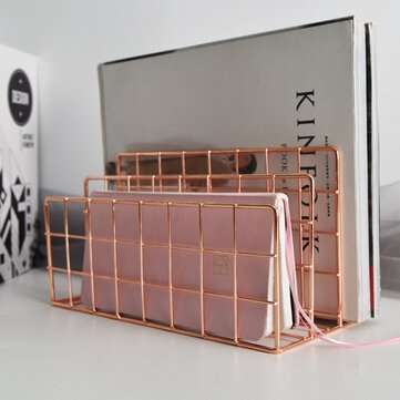 Miwoo MW-021 Simple Iron Bookshelf 3 Slots Desktop Books Files Organizer Holder (COLOR.: ROSEGOLD)