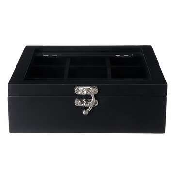 Nature Wooden Tea Coffee Display Holder Box with 9 Grid Glass Lid Storage Container (COLOR.: BLACK)