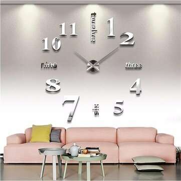 New 3D DIY Mirror Surface Wall Clocks Living Meeting Room Decorative Wall Watches  (COLOR.: SILVER)