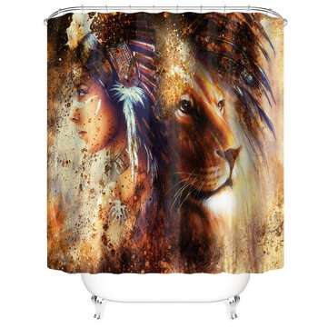 Queen Women Lion Printed Waterproof Shower Curtain Non-Slip Carpet... (MAT PACKAGE: 1*SHOWERCURTAIN)