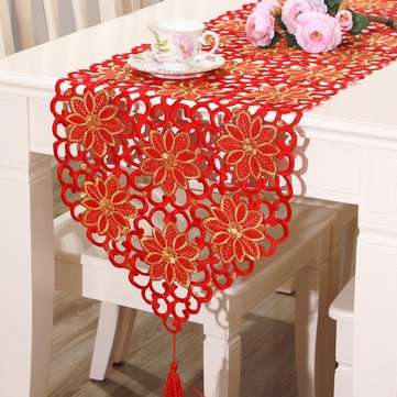 Red Flower Vintage Table Runner Tablecloth Flag With Tassel Home Wedding Party D... (SIZE: 40X180CM)