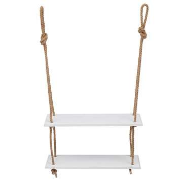 Rustic Solid Wood Rope Hanging Wall Shelf Bookshelf Country Vintage Storage Float... (COLOR.: WHITE)