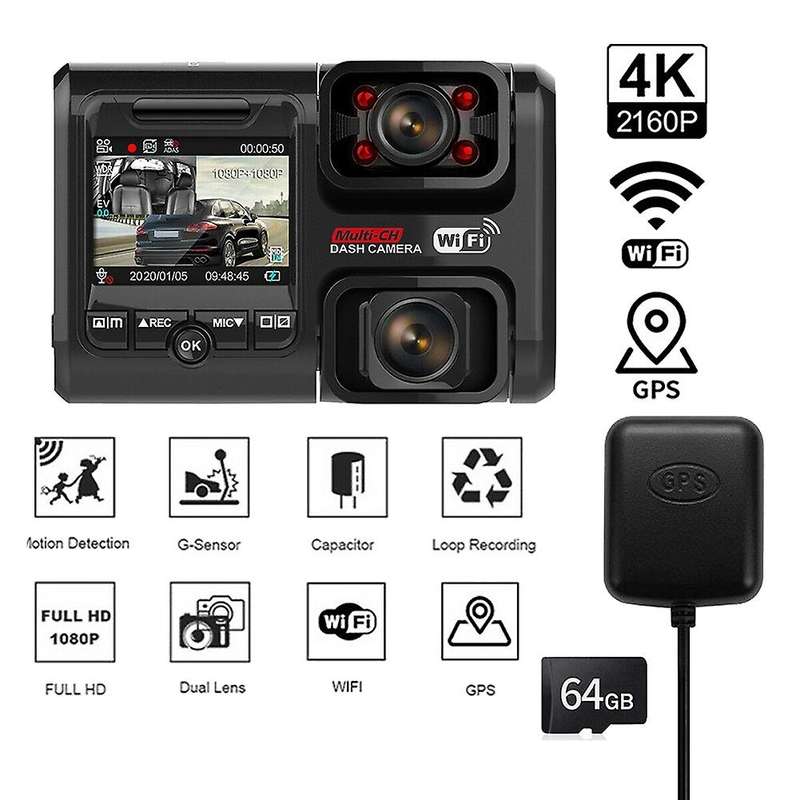 2160P Front and Cabin Dual Dash Cam for Cars Taxi, Car DVR Driving Recorder Parking Monitor Camera W