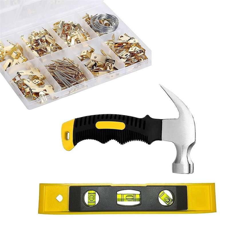 222pcs Picture Hanging Kit, Hammer, Level, Picture Hanger Assortment, Heavy Duty Frame Hooks with Na