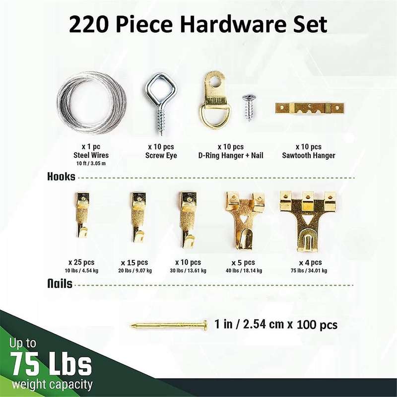 222pcs Picture Hanging Kit, Hammer, Level, Picture Hanger Assortment, Heavy Duty Frame Hooks with Na