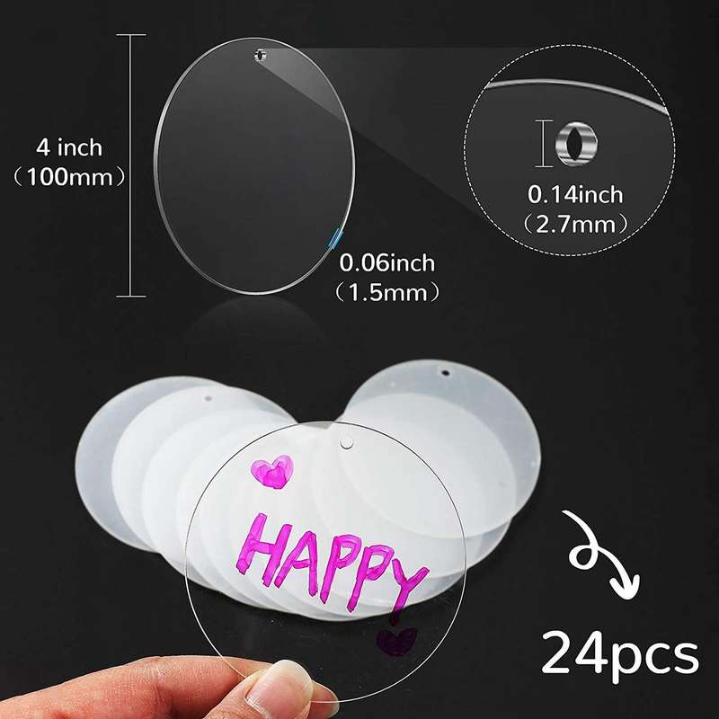 24 PCS 10cm Acrylic Circle Transparent Ornament, Blank Disc with Hole, Suitable for DIY Craft Projec