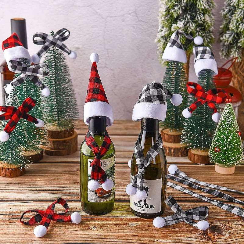 24 Pcs Mini Christmas Santa Hats and Scarf Sets Santa Hats Wine Bottle Cover Xmas Ornaments