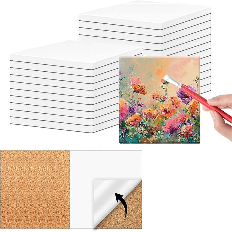 24 PCS Ceramic Tiles for Crafts Inches and Self-Adhesive Cork Mat ,Unglazed Ceramic Coasters for Cra