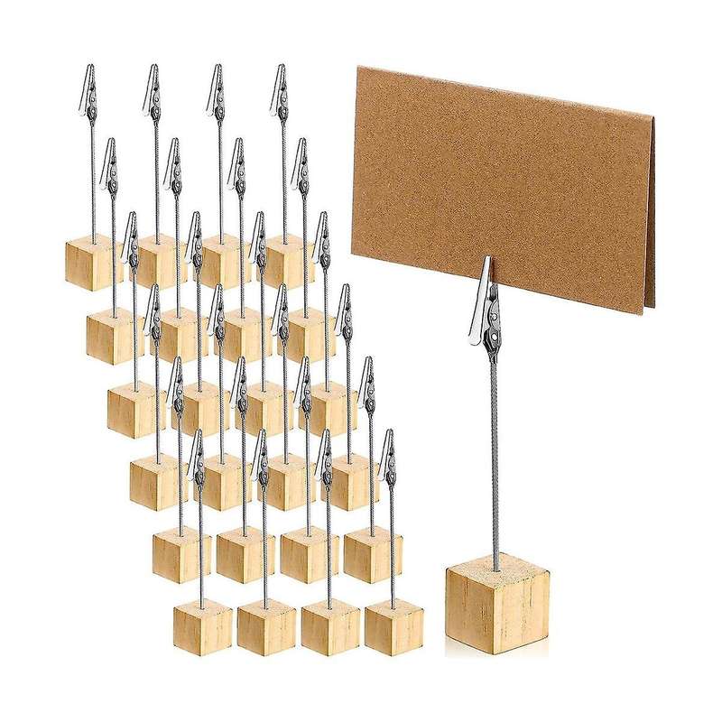 24 Pcs Rustic Wooden Table Number Holders Place Number Holder Stand with Memo Clips and Kraft Cards