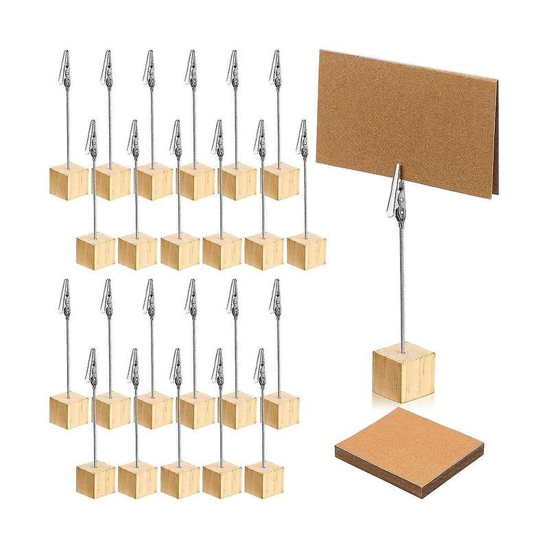 24 Pcs Rustic Wooden Table Number Holders Place Number Holder Stand with Memo Clips and Kraft Cards
