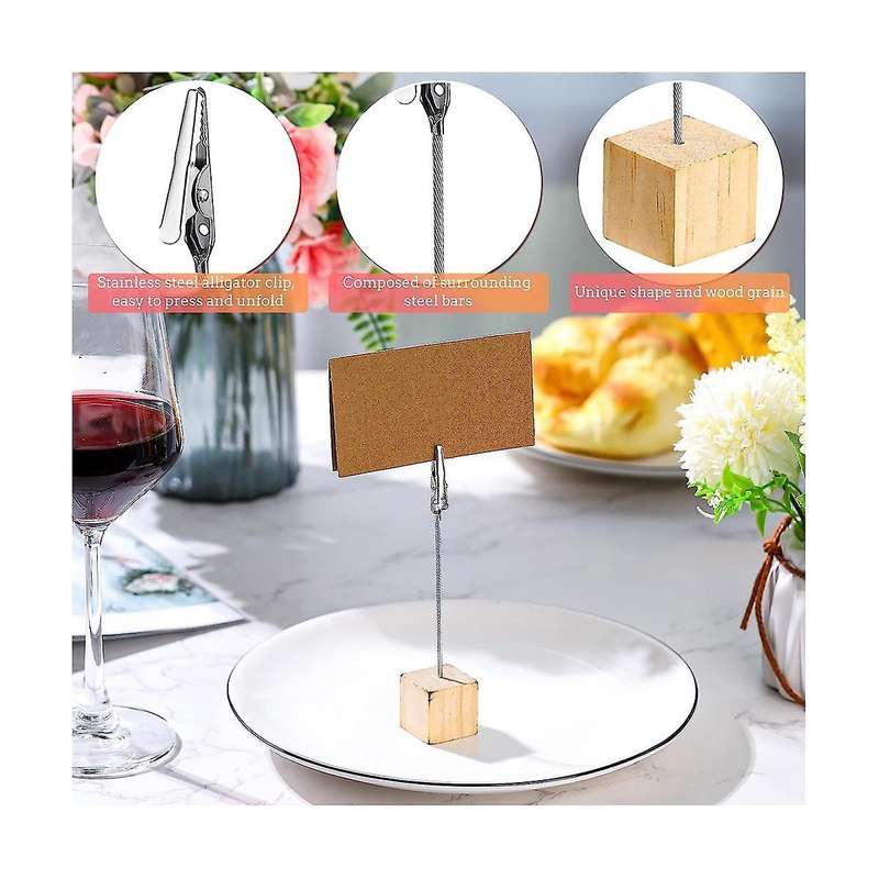 24 Pcs Rustic Wooden Table Number Holders Place Number Holder Stand with Memo Clips and Kraft Cards