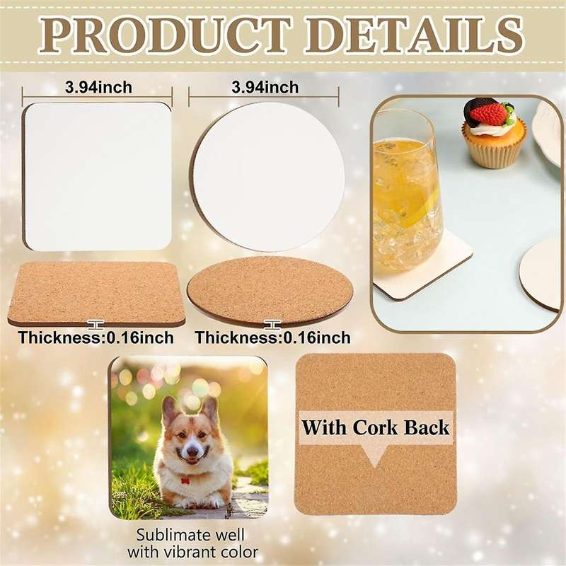 24 Pcs Sublimation Coasters 4 X 4Inch Hardboard Coaster Cork and MDF Blank Sublimation Car Coasters