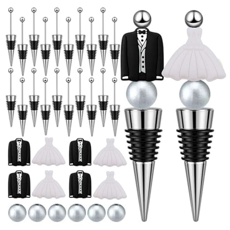 24 Sets Wedding Beadable Wine Bottle Stoppers Bride and Groom Beadable Items for Wedding Engagement