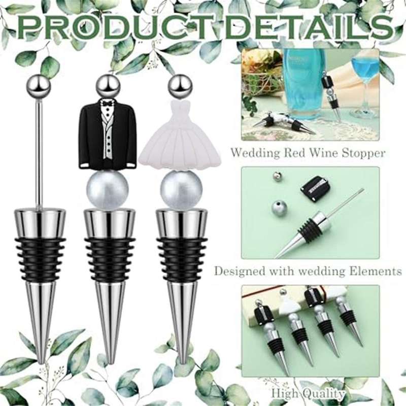 24 Sets Wedding Beadable Wine Bottle Stoppers Bride and Groom Beadable Items for Wedding Engagement