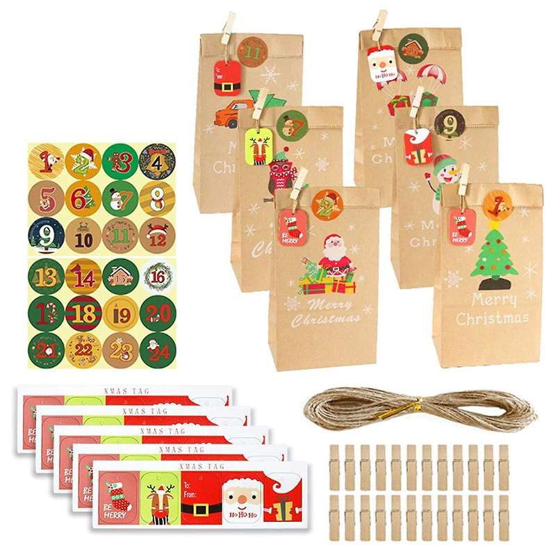 24 Set Christmas Advent Calendar Bags 24 Days Calendar Kraft Bags Xmas Party Bags for Christmas Dec