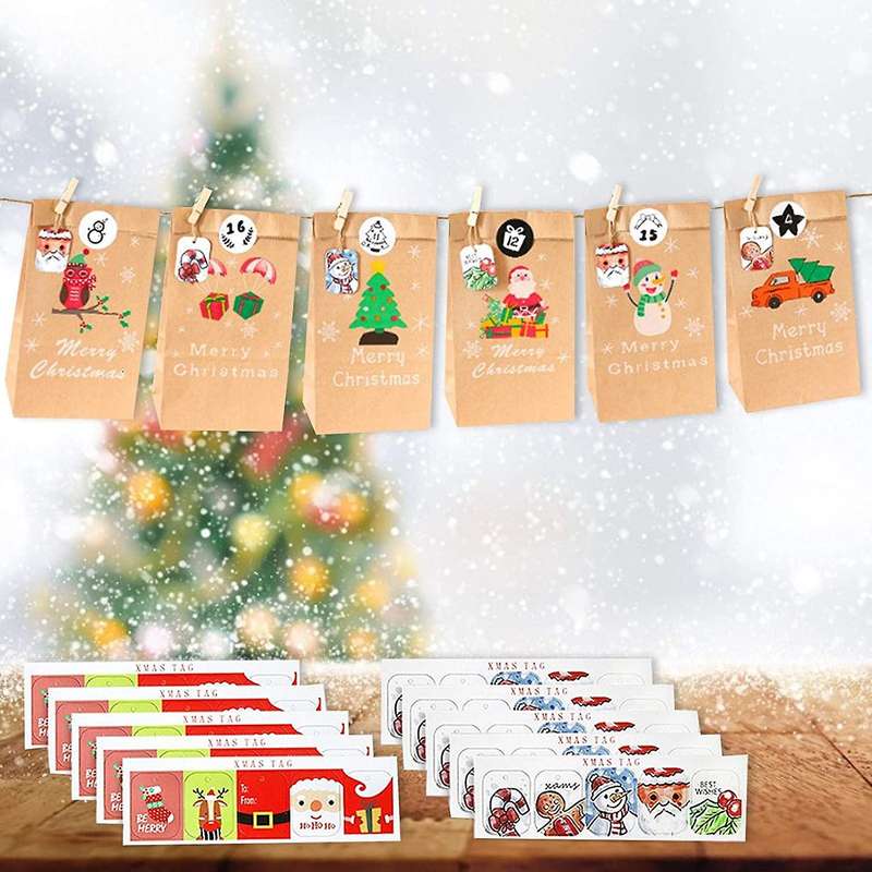 24 Set Christmas Advent Calendar Bags 24 Days Calendar Kraft Bags Xmas Party Bags for Christmas Dec
