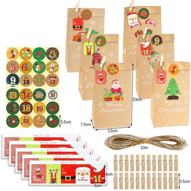 24 Set Christmas Advent Calendar Bags 24 Days Calendar Kraft Bags Xmas Party Bags for Christmas Dec