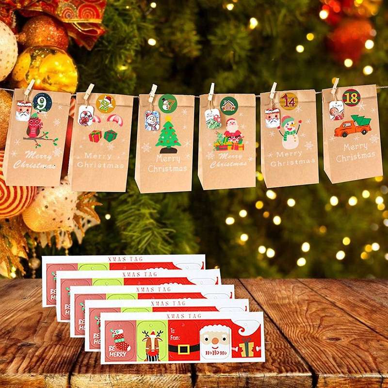 24 Set Christmas Advent Calendar Bags 24 Days Calendar Kraft Bags Xmas Party Bags for Christmas Dec