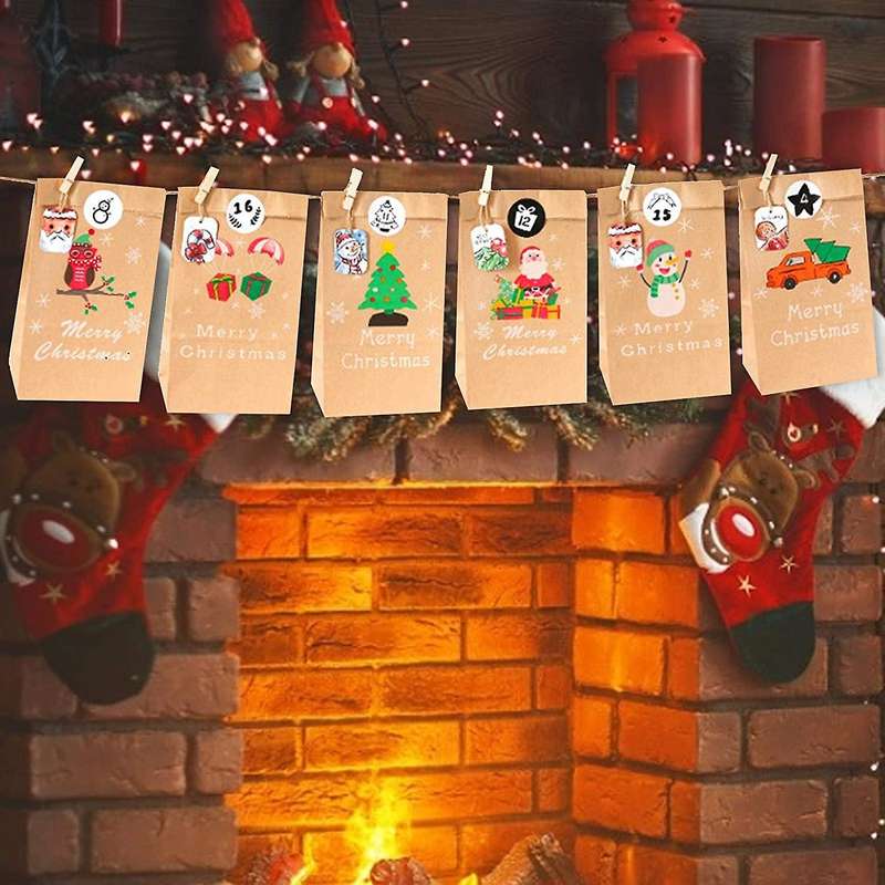 24 Set Christmas Advent Calendar Bags 24 Days Calendar Kraft Bags Xmas Party Bags for Christmas Dec