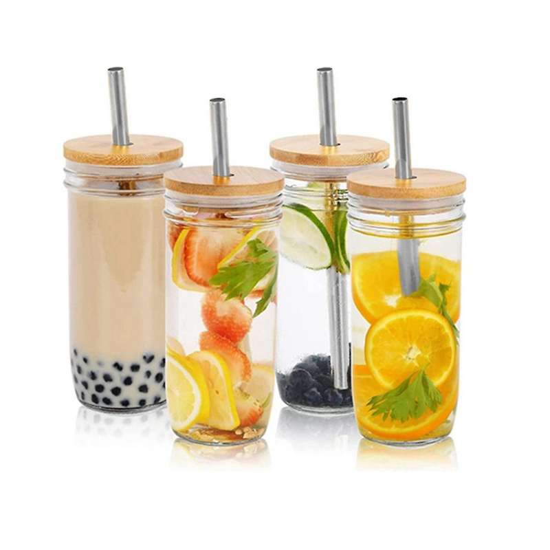 24Oz Glass Cup with Bamboo Lid and Straw Wide Mouth Mason Jar for Smoothies, Juice, Tea, Iced Coffe