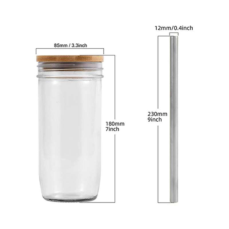 24Oz Glass Cup with Bamboo Lid and Straw Wide Mouth Mason Jar for Smoothies, Juice, Tea, Iced Coffe