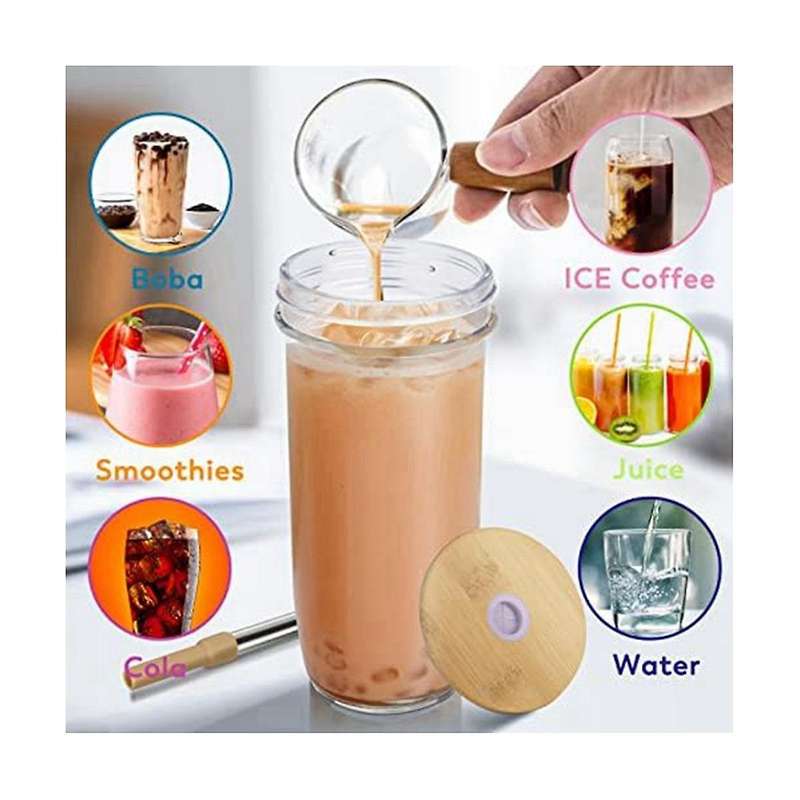 24Oz Glass Cup with Bamboo Lid and Straw Wide Mouth Mason Jar for Smoothies, Juice, Tea, Iced Coffe