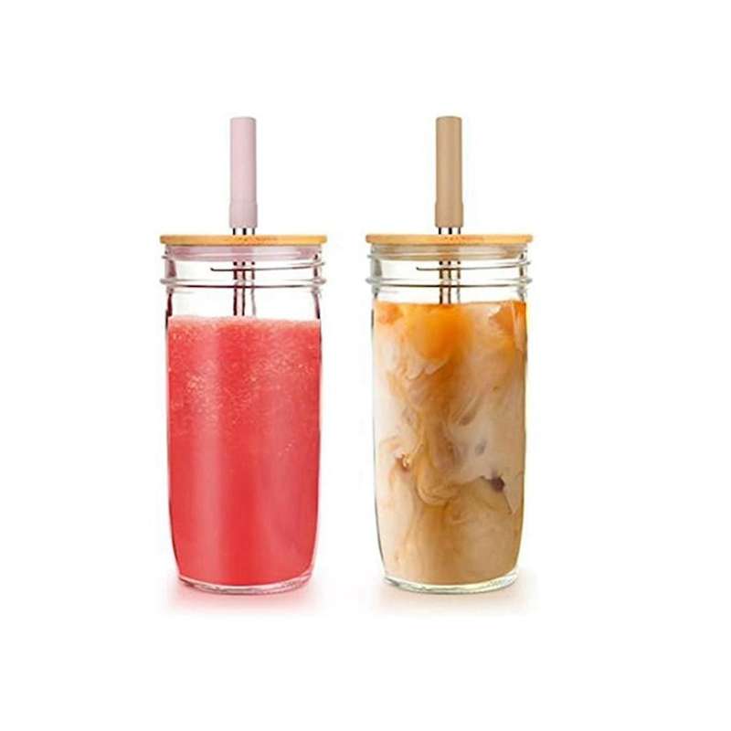 24Oz Glass Cup with Bamboo Lid and Straw Wide Mouth Mason Jar for Smoothies, Juice, Tea, Iced Coffe
