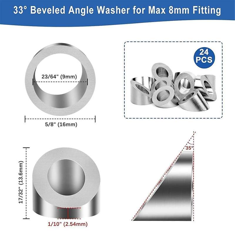 24Pack Beveled Angle Washers 9mm, 33 Handrail Angle Washer Max for 8mm Cable Railing Hardware Kit,