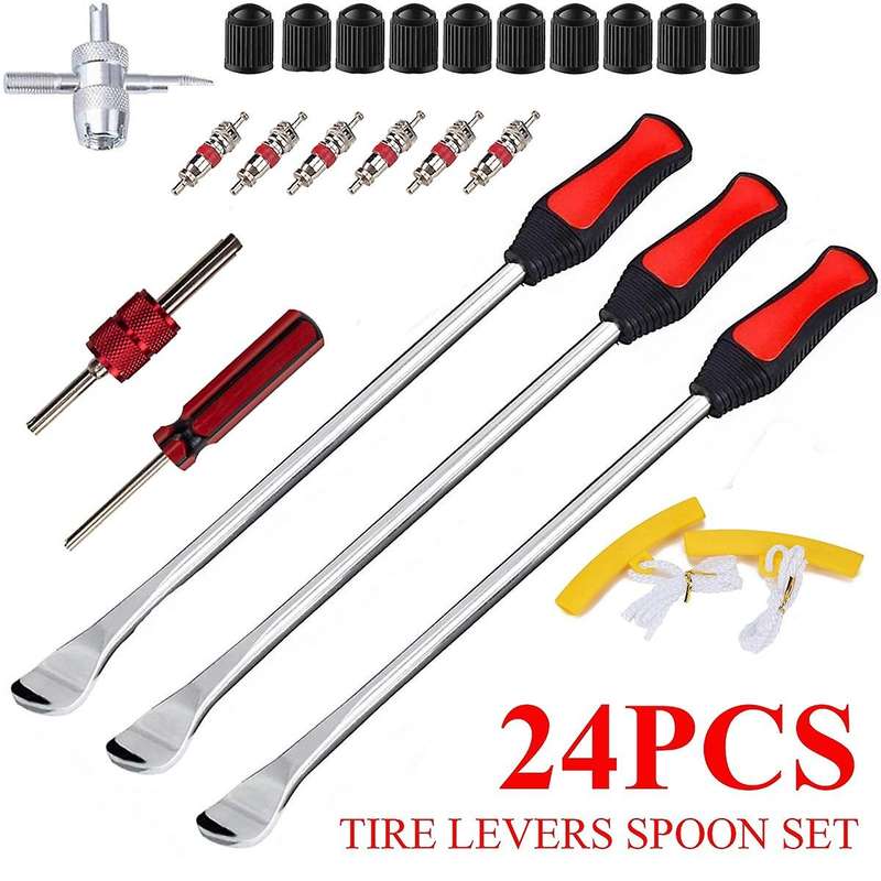 24PCS Car Tire Levers Spoon Set Motorcycle Tire Changing Tools Iron Tyre Spoon with Valve Caps
