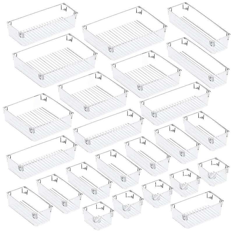 24Pcs Desk Drawer Organizer Set 5-Size Versatile Vanity and Desk Drawer Storage Bins, Clear Drawer O