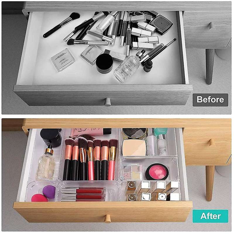 24Pcs Desk Drawer Organizer Set 5-Size Versatile Vanity and Desk Drawer Storage Bins, Clear Drawer O