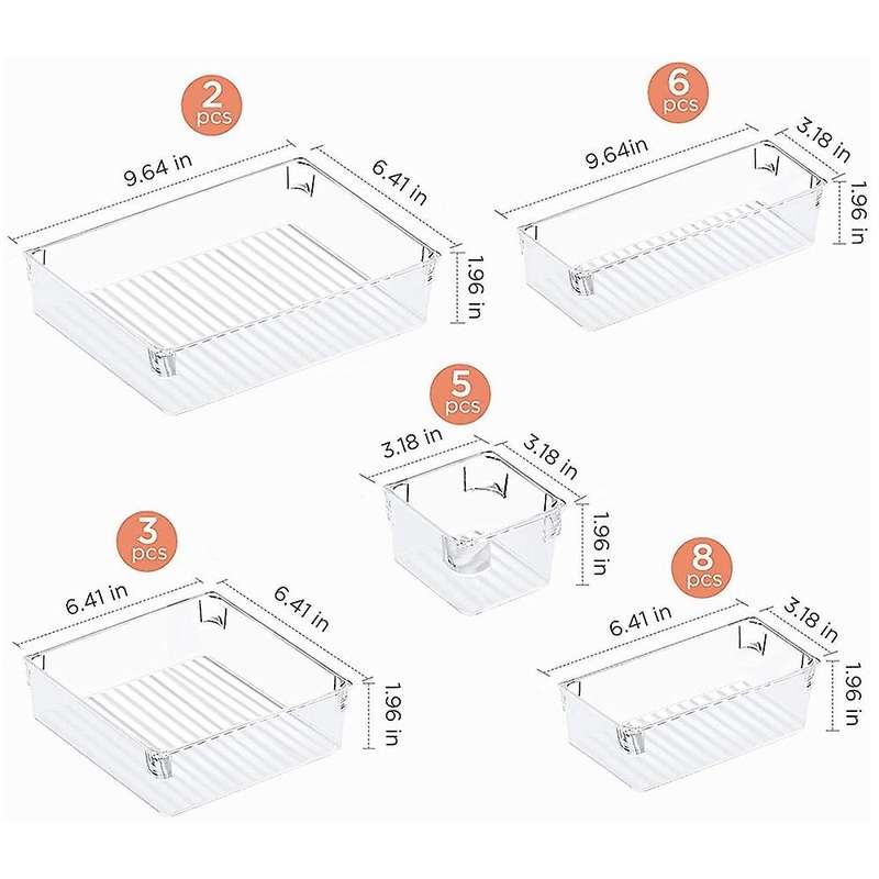 24Pcs Desk Drawer Organizer Set 5-Size Versatile Vanity and Desk Drawer Storage Bins, Clear Drawer O